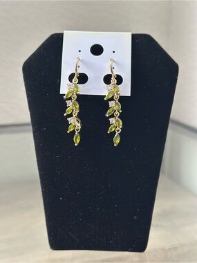 Gold Filled Green Crystal Leaf Drop Earrings - Women Jewelry